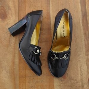 Black Leather Heels with Fringe Detail